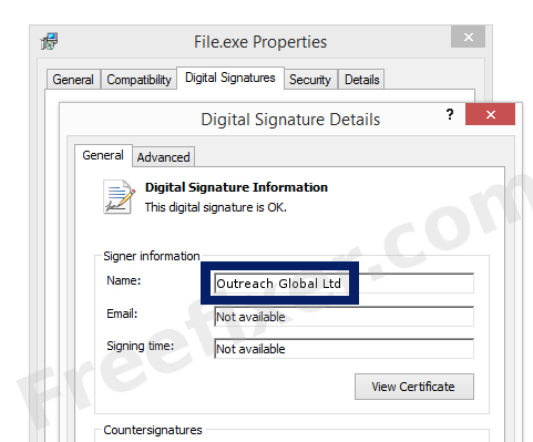 Screenshot of the Outreach Global Ltd certificate